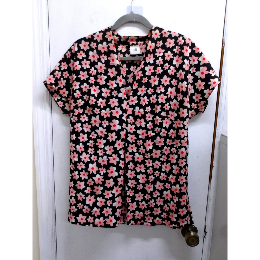 Cabi Womens Floral Print V-Neck Blouse Black Pink Red Sz S /#26783